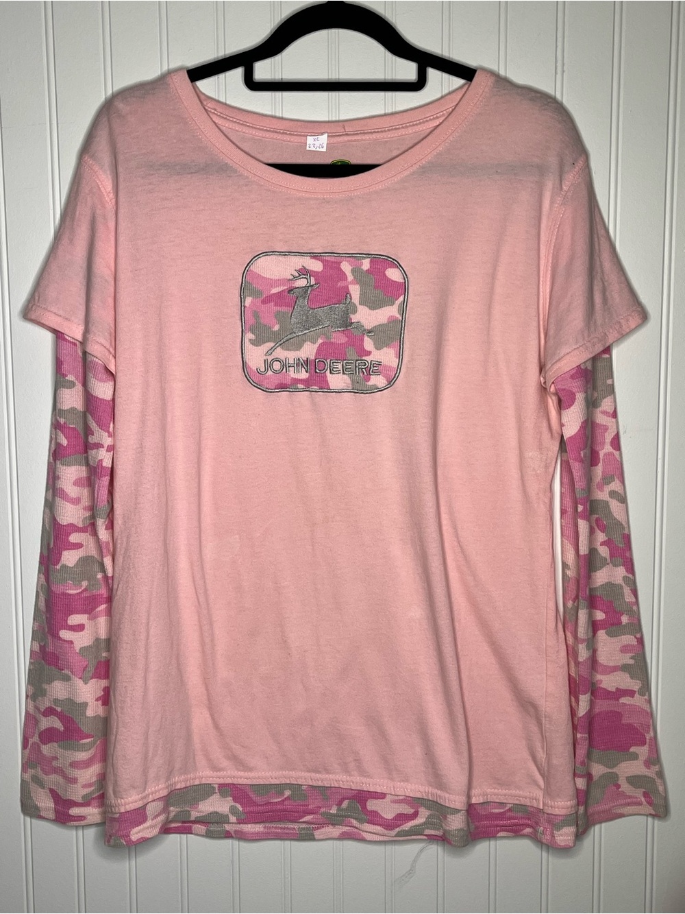 John Deere Pink Layered Camo Long Sleeve Tee embroidered y2k graphic tshirt